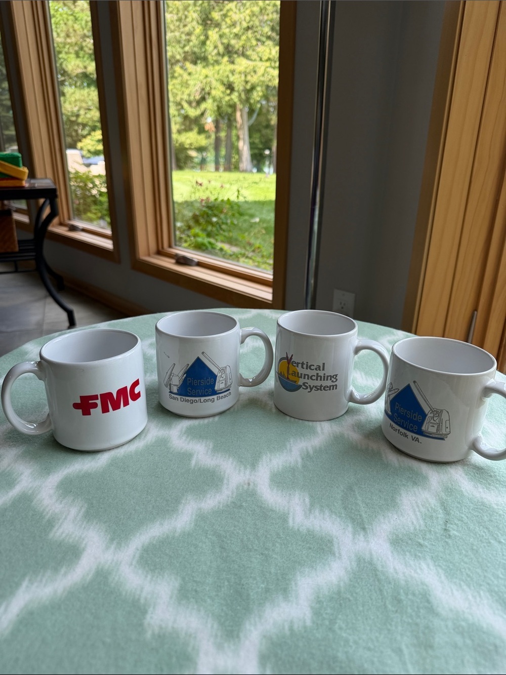 Vintage FMC Naval Defense Contractor White Ceramic Logo Coffee Mugs - White Red